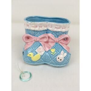 Vintage Ceramic  Planter Baby Booties CMC Japan Pull String Sayings Blue